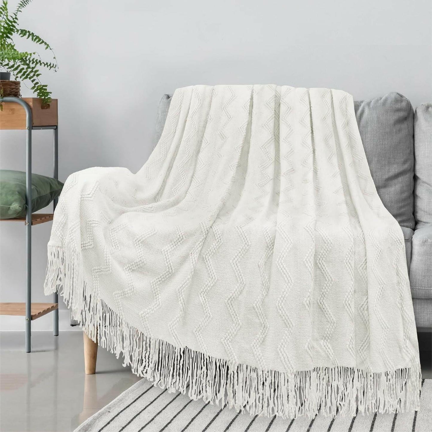 White Knit Throw Blanket for Couch, Twin Bed, Soft Knitted Farmhouse Sofa Throw for Living Room, Lightweight Decorative Summer Blanket for Chair, Outdoor Textured Boho Blanket, 60X80