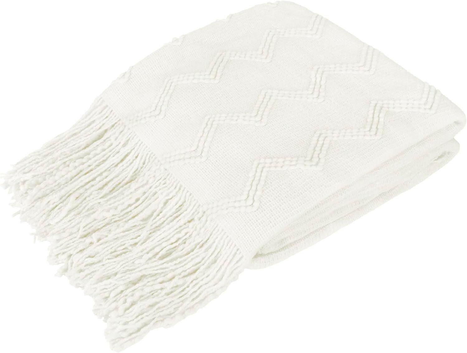 White Knit Throw Blanket for Couch, Twin Bed, Soft Knitted Farmhouse Sofa Throw for Living Room, Lightweight Decorative Summer Blanket for Chair, Outdoor Textured Boho Blanket, 60X80