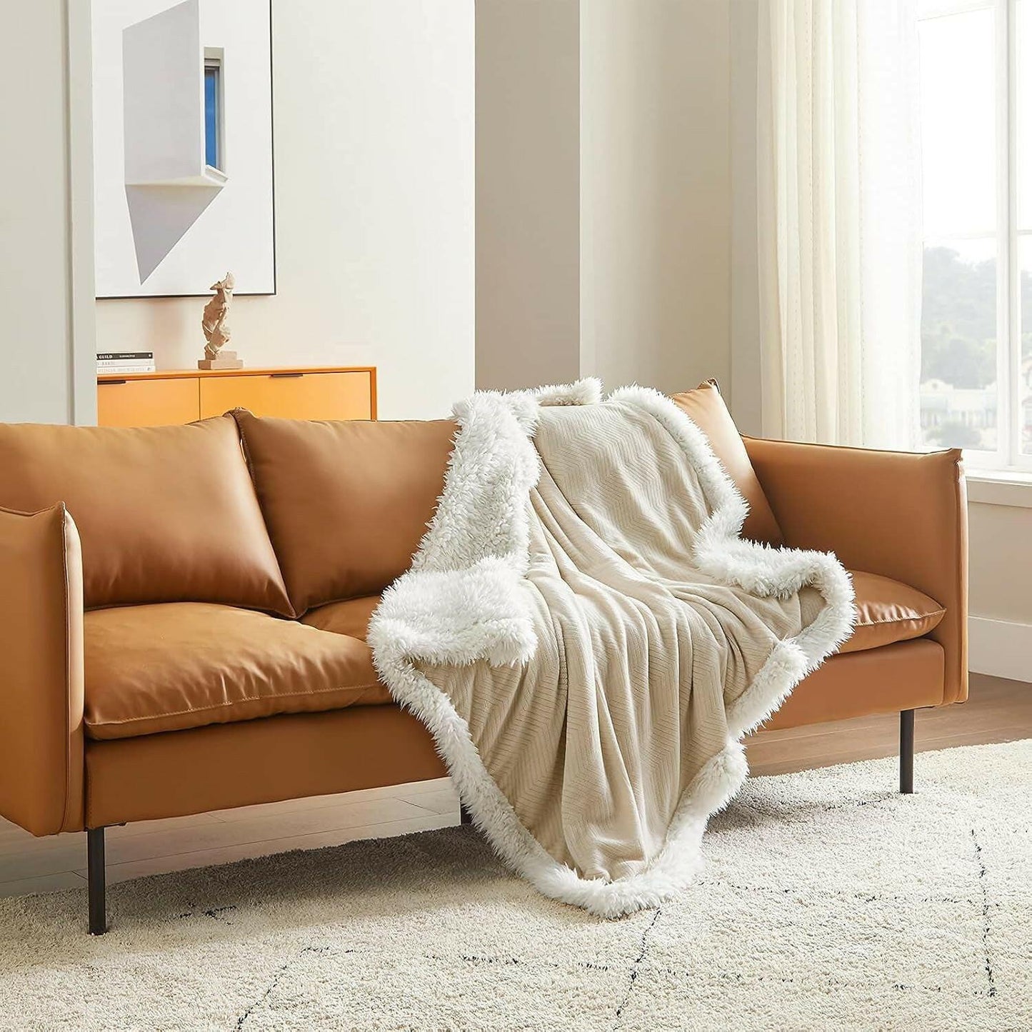 Sherpa Fleece Throw Blanket - Beige Throw Winter Warm Plush Thermal Blanket, Lightweight Cozy Soft Throw Blanket Herringbone, Sherpa Throw Blankets for Couch, Throw Blanket (50 X 60 Inches)