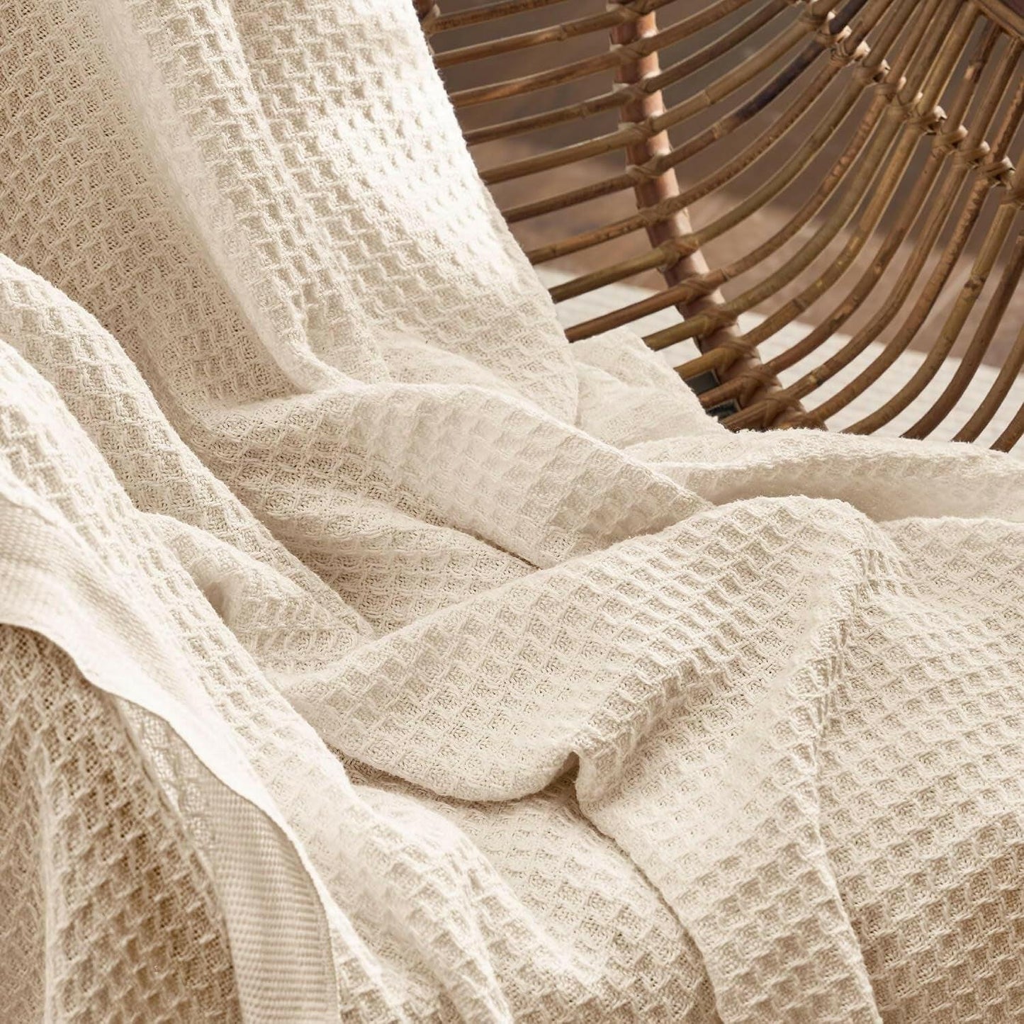 100% Cotton Blanket Queen Size for Bed - Waffle Weave Fall Blanket, Lightweight and Breathable Soft Woven Blanket for Summer, Beige, 90X90 Inches-Home Decor and More